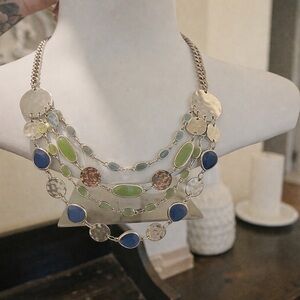 Talbots Multi-Strand Statement Necklace Silver Blue Green Hammered Discs